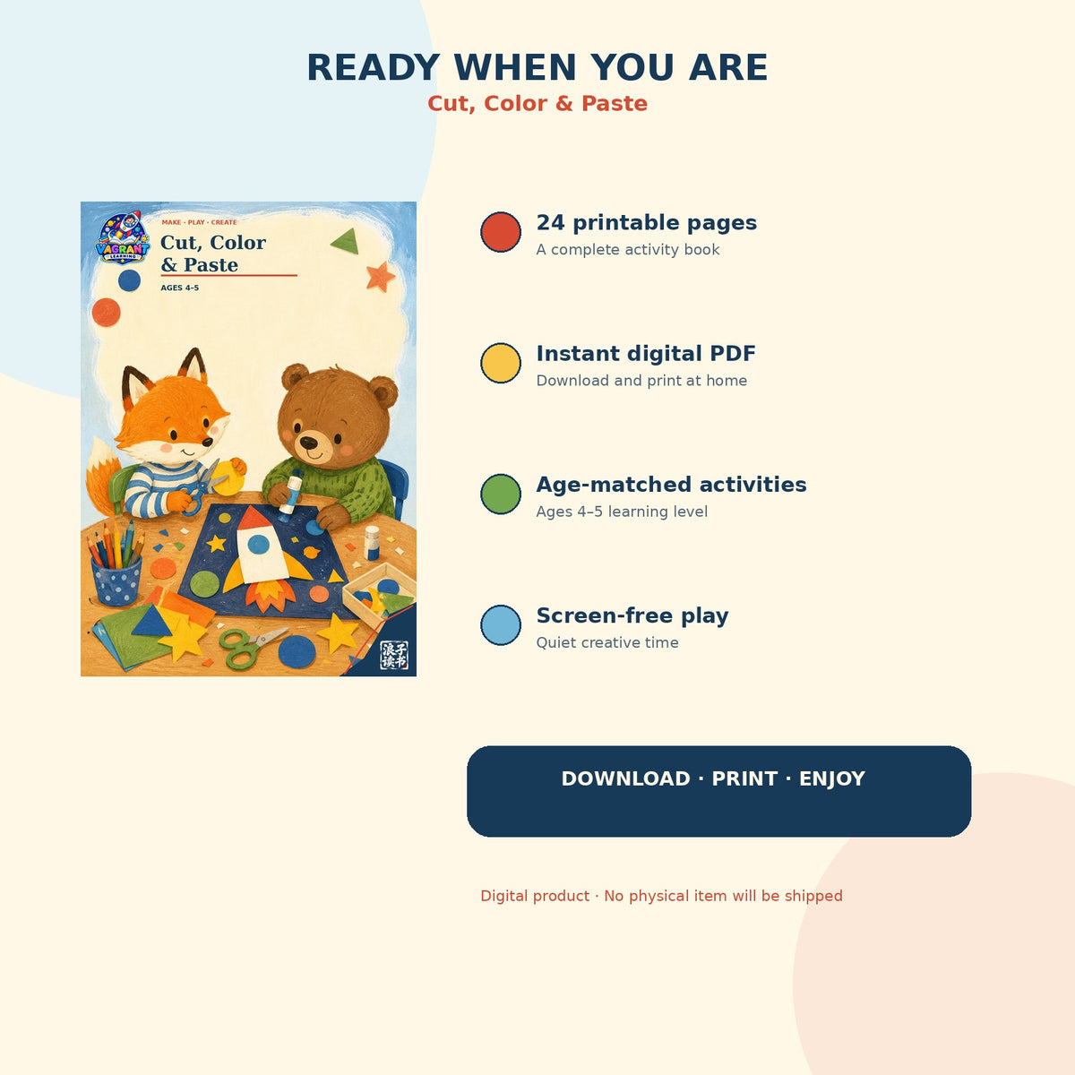 Cut Color and Paste printable fine motor workbook for children ages 4 to 5