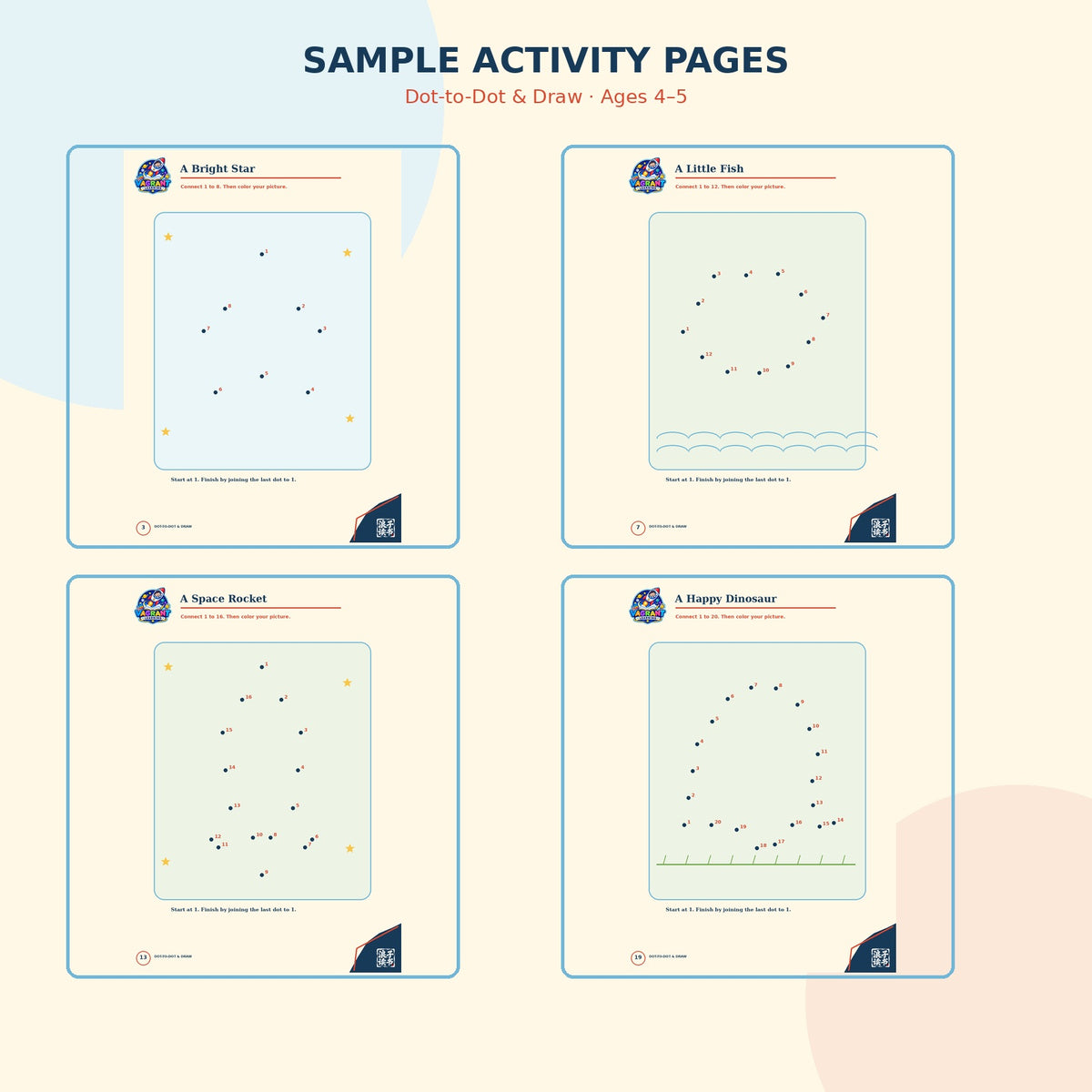 Dot-to-Dot and Draw printable activity workbook for children ages 4 to 5