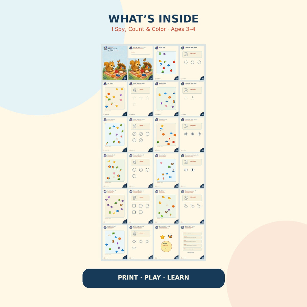 I Spy Count and Color printable activity workbook for children ages 3 to 4