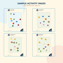 I Spy, Count & Color samples: find and count apples, boats, balls and ducks, included in the Preschool Starter Bundle ages 3–4