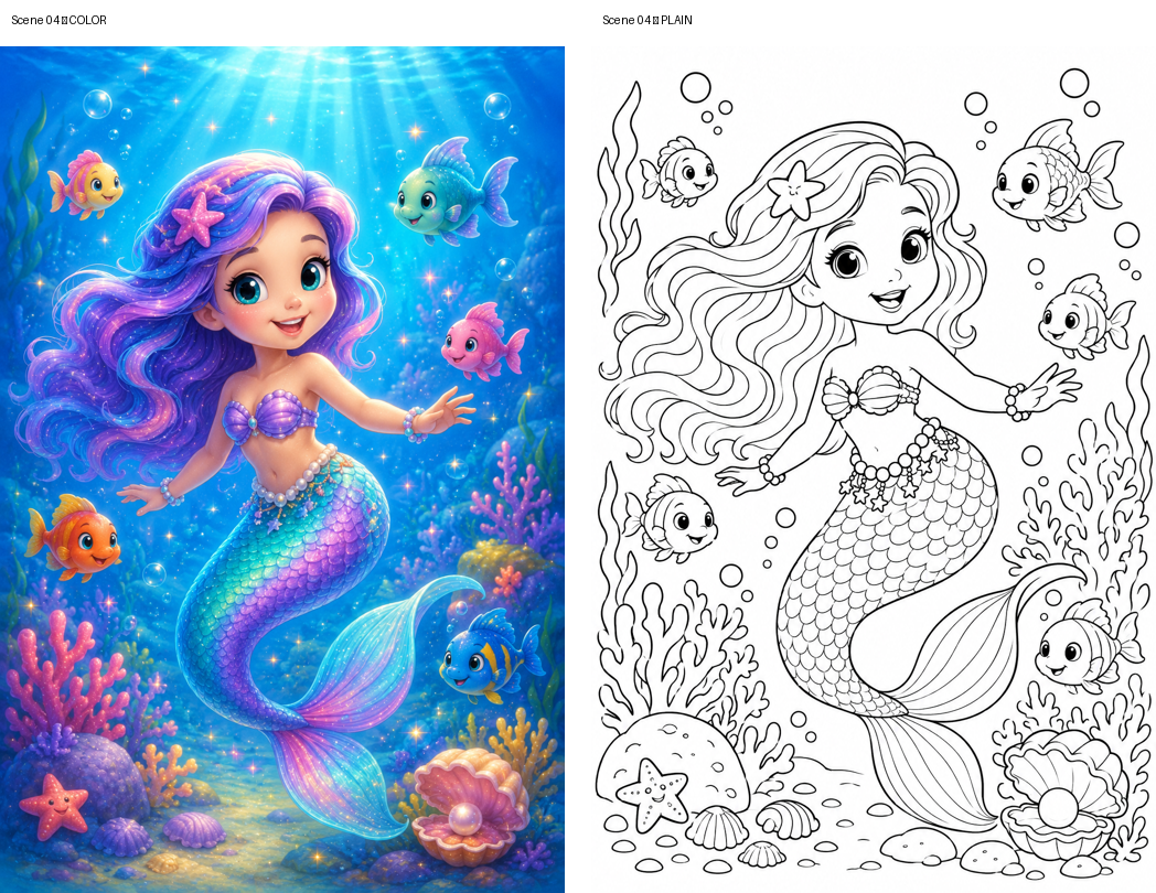 Magical Friends Ages 4–5 mermaid color reference and coloring page preview
