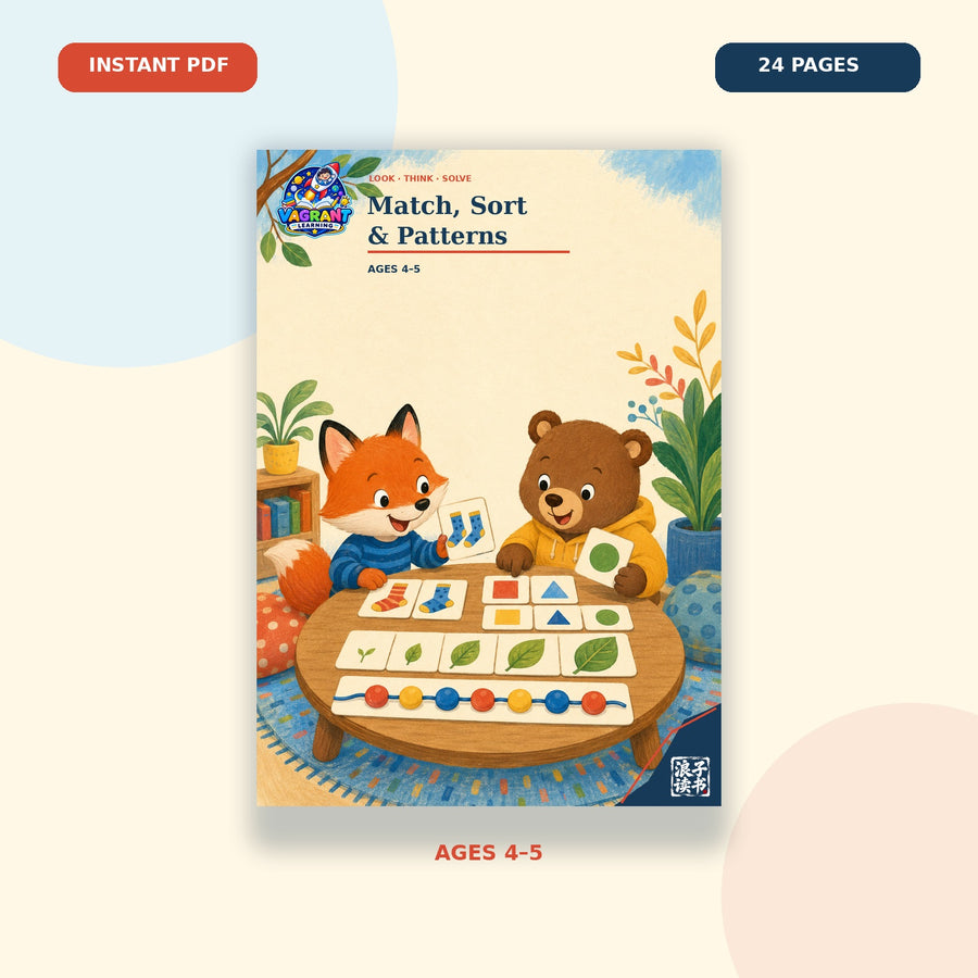 Match Sort and Patterns printable logic workbook for children ages 4 to 5