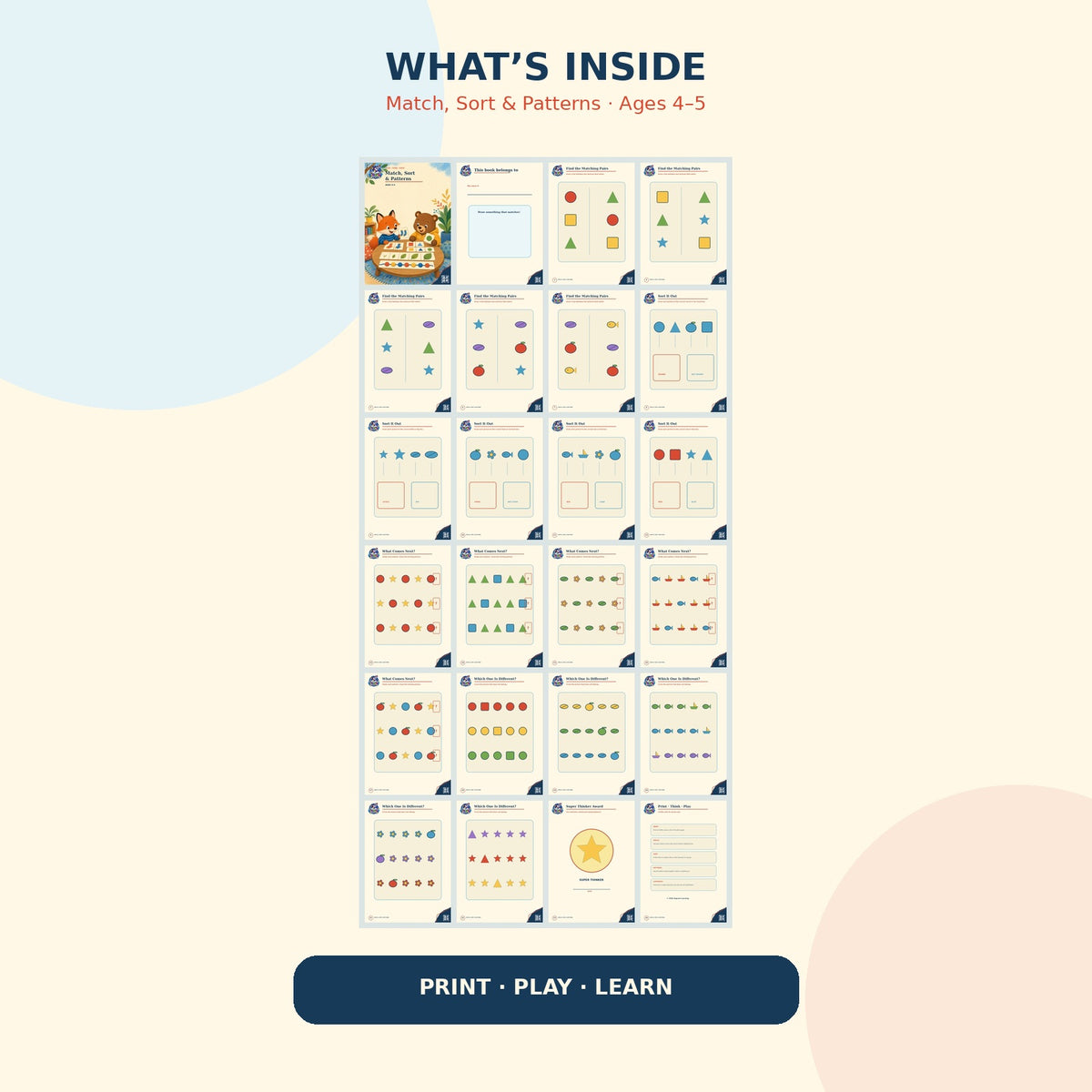 Match Sort and Patterns printable logic workbook for children ages 4 to 5