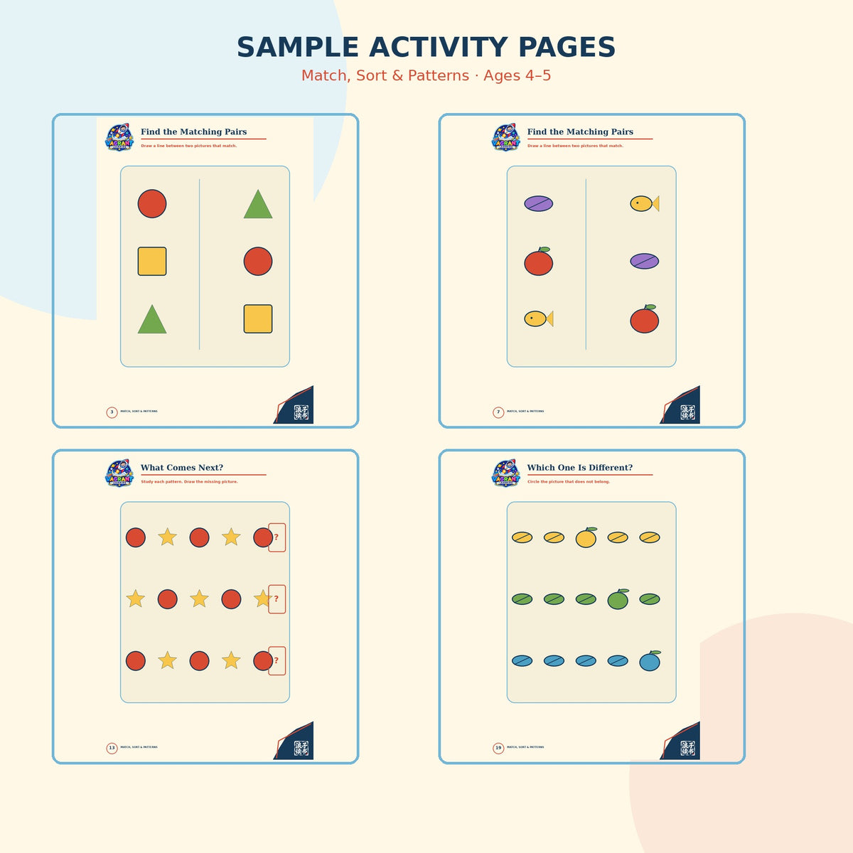 Match Sort and Patterns printable logic workbook for children ages 4 to 5