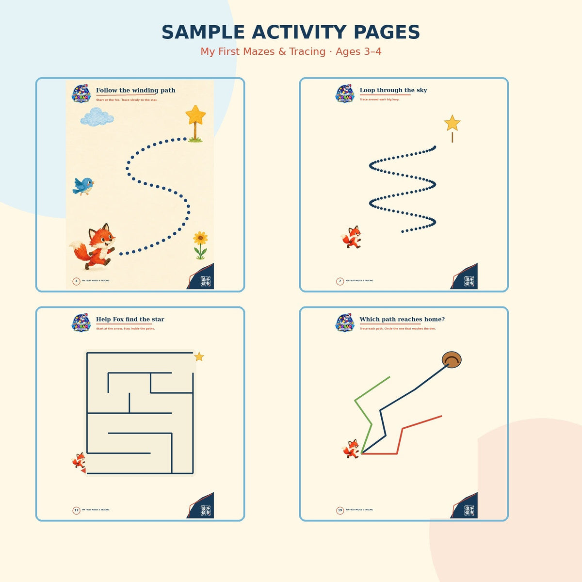 My First Mazes & Tracing Adventures samples: winding path, tracing practice, a simple maze and path-finding, included in the Preschool Starter Bundle ages 3–4