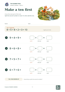 Actual page 11 of The Number Trail: Make a ten first, with step-by-step split-number spaces