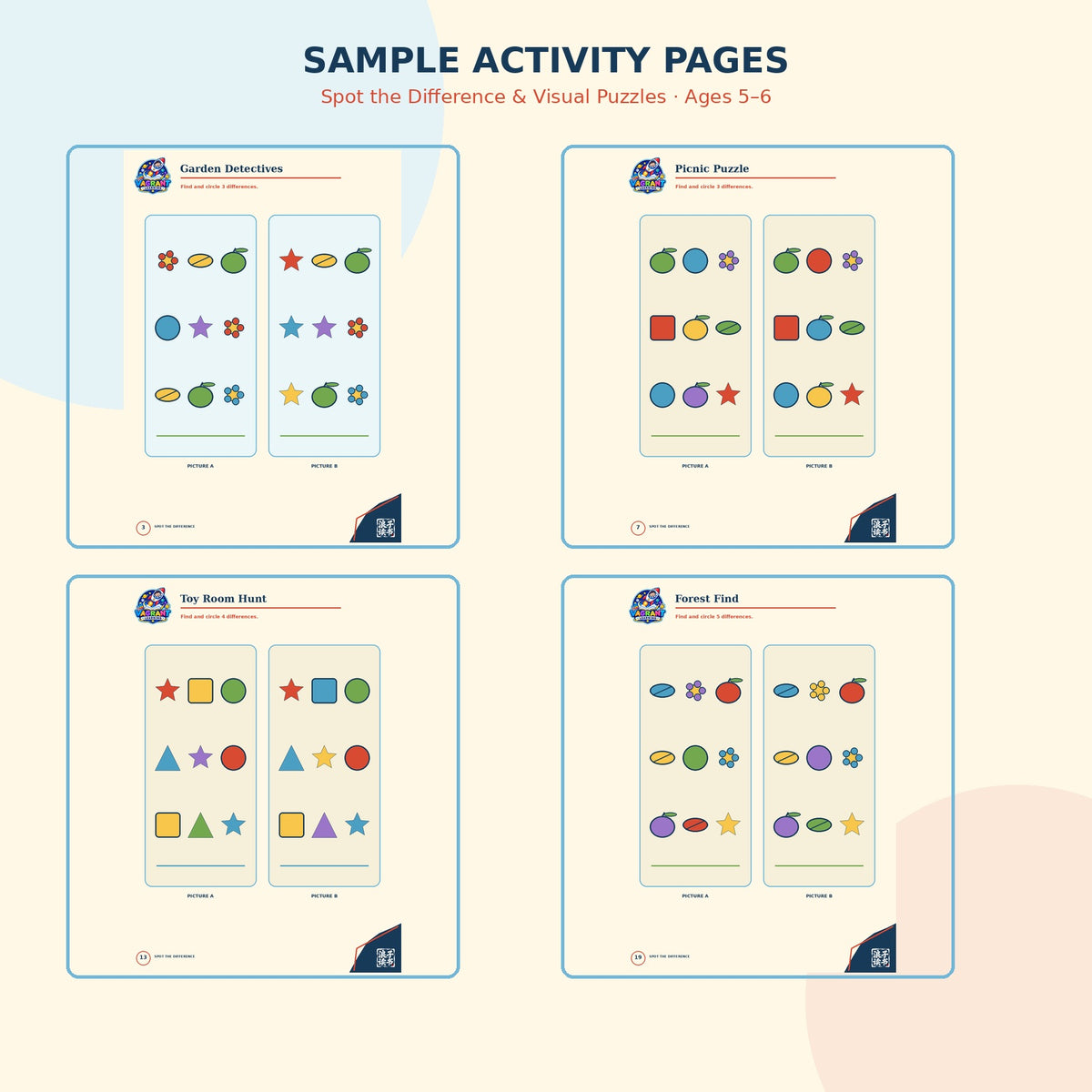 Spot the Difference and Visual Puzzles printable workbook for children ages 5 to 6