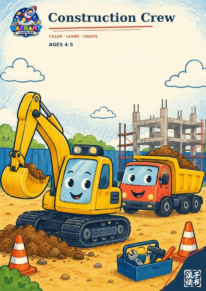 Construction Crew printable colouring book cover for ages 4 to 5