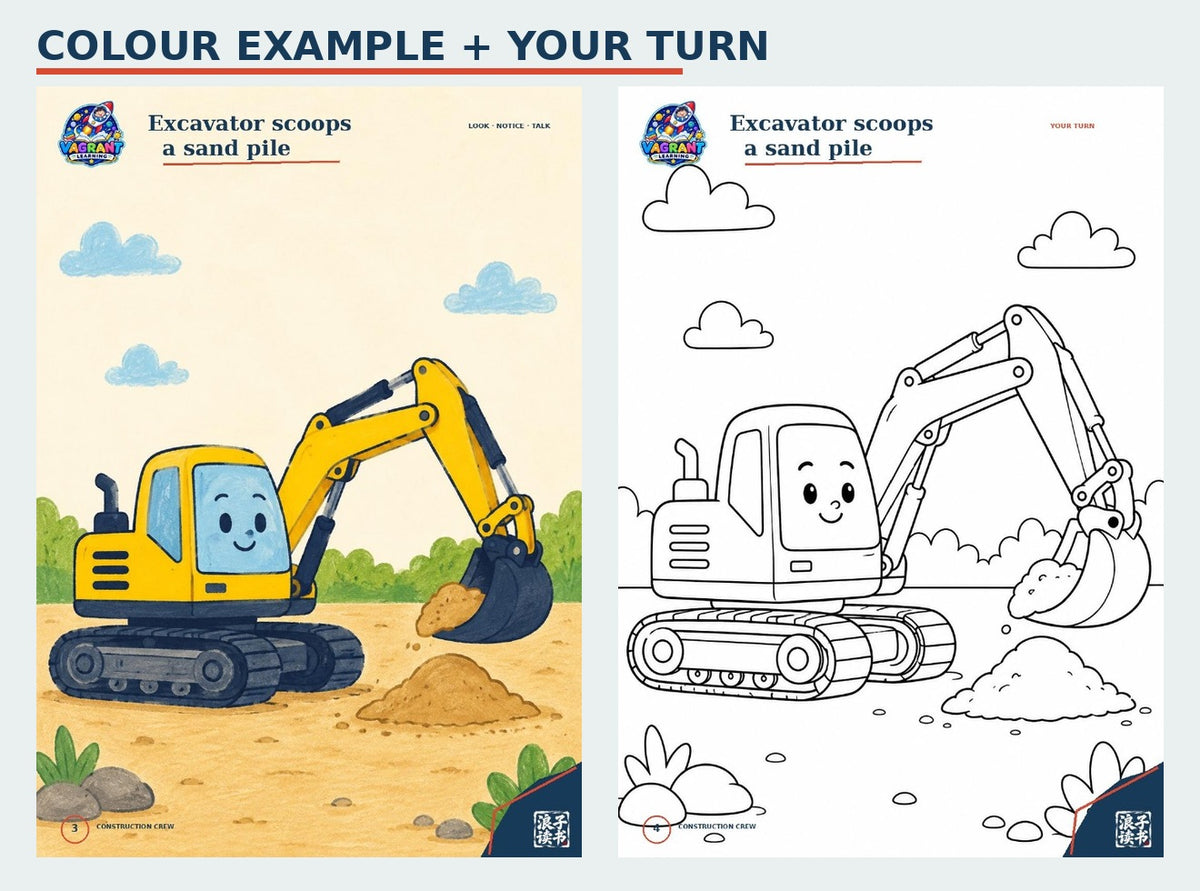 Construction Crew colour example and matching colouring page preview