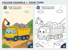 Construction Crew second colour example and matching colouring page preview