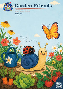 Garden Friends printable colouring book cover for ages 4 to 5