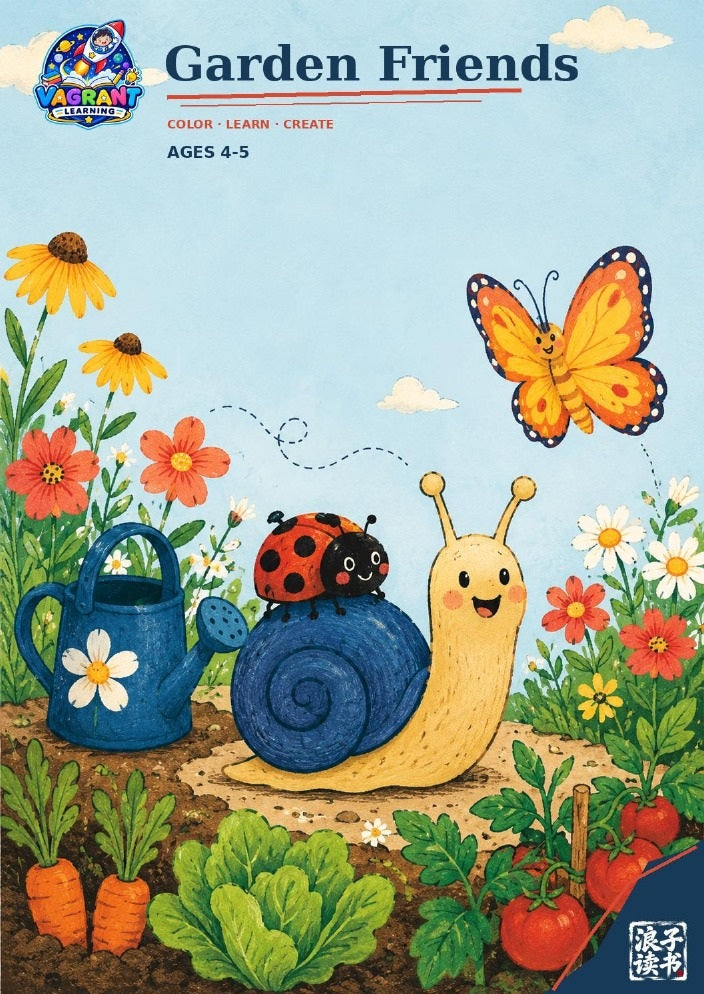 Garden Friends printable colouring book cover for ages 4 to 5