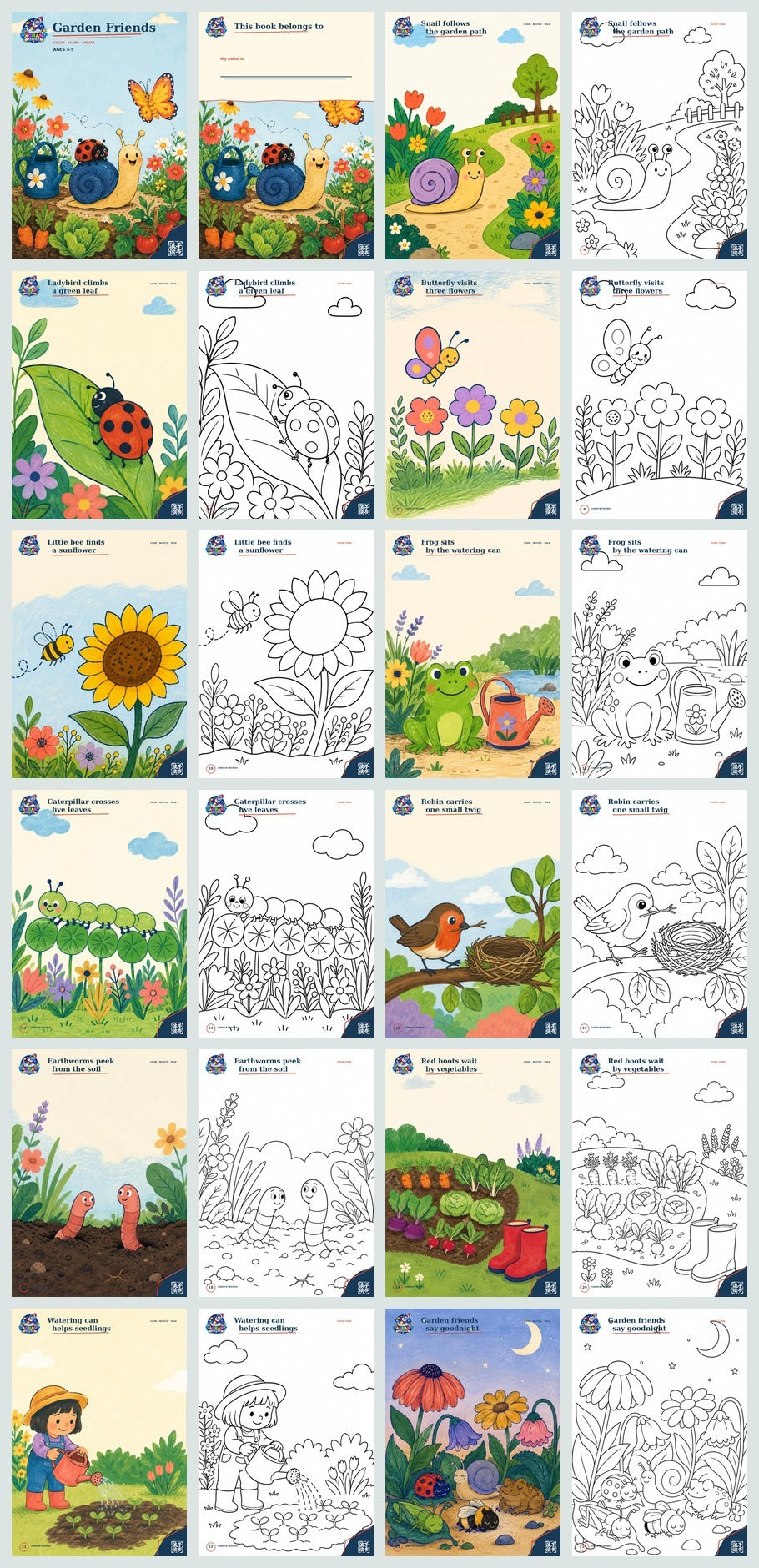Garden Friends 24-page printable PDF overview