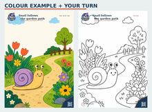 Garden Friends colour example and matching colouring page preview