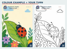 Garden Friends second colour example and matching colouring page preview