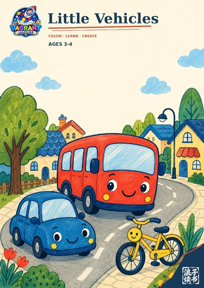 Little Vehicles printable colouring book cover for ages 3 to 4