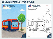Little Vehicles colour example and matching colouring page preview