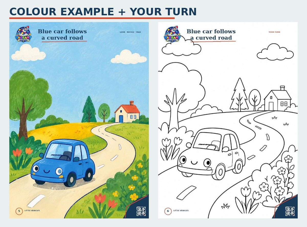 Little Vehicles second colour example and matching colouring page preview