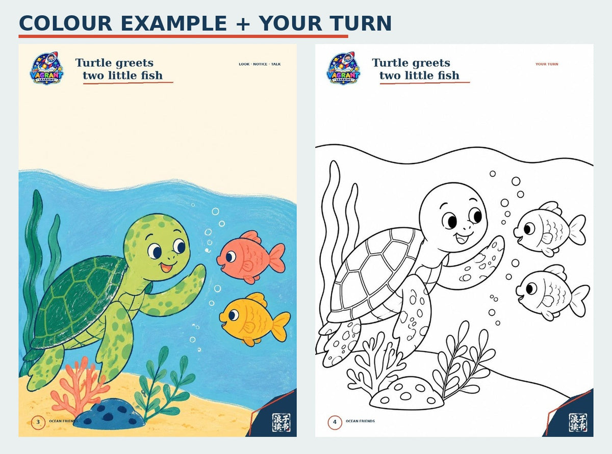 Ocean Friends colour example and matching colouring page preview