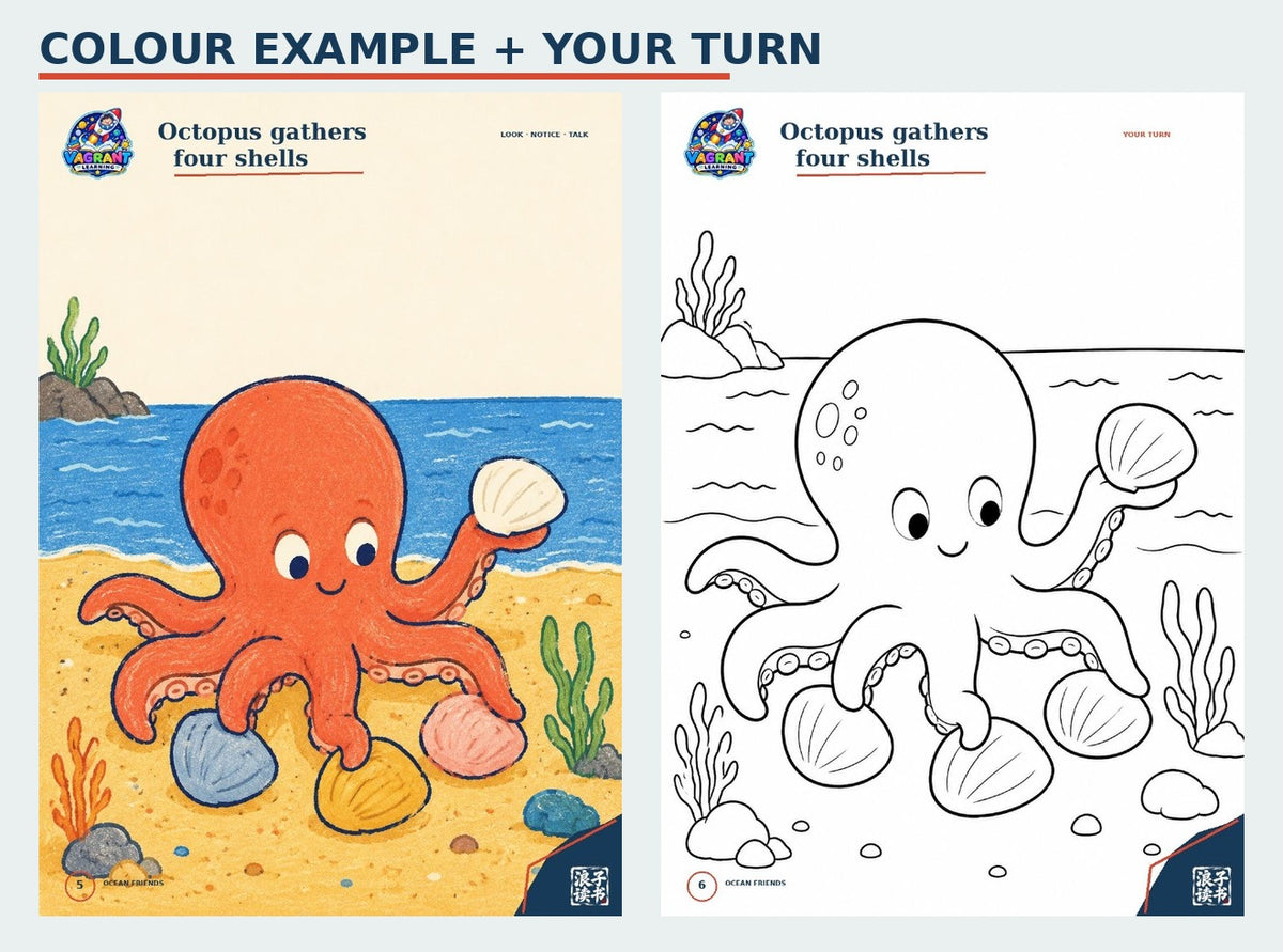 Ocean Friends second colour example and matching colouring page preview