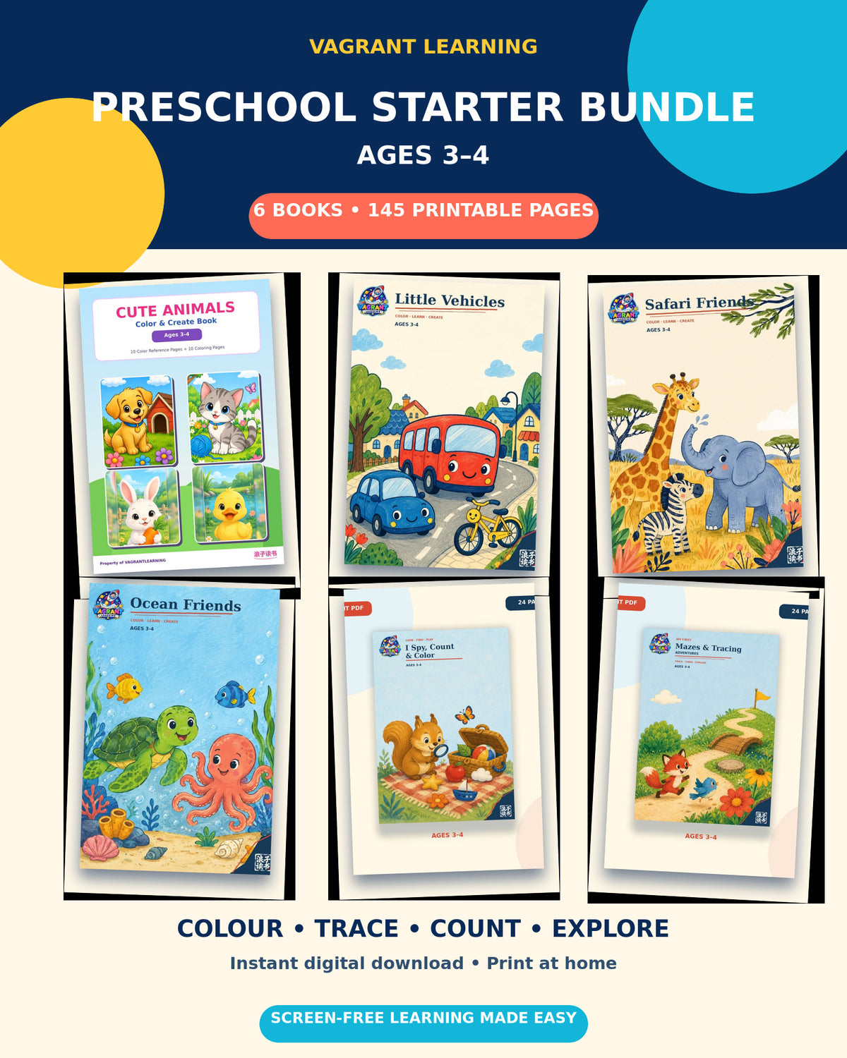 Preschool Starter Bundle ages 3 to 4 with six printable activity books