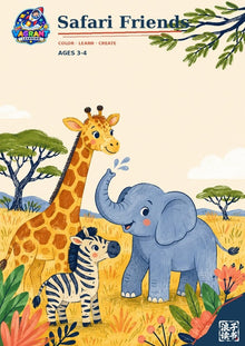 Safari Friends printable colouring book cover for ages 3 to 4