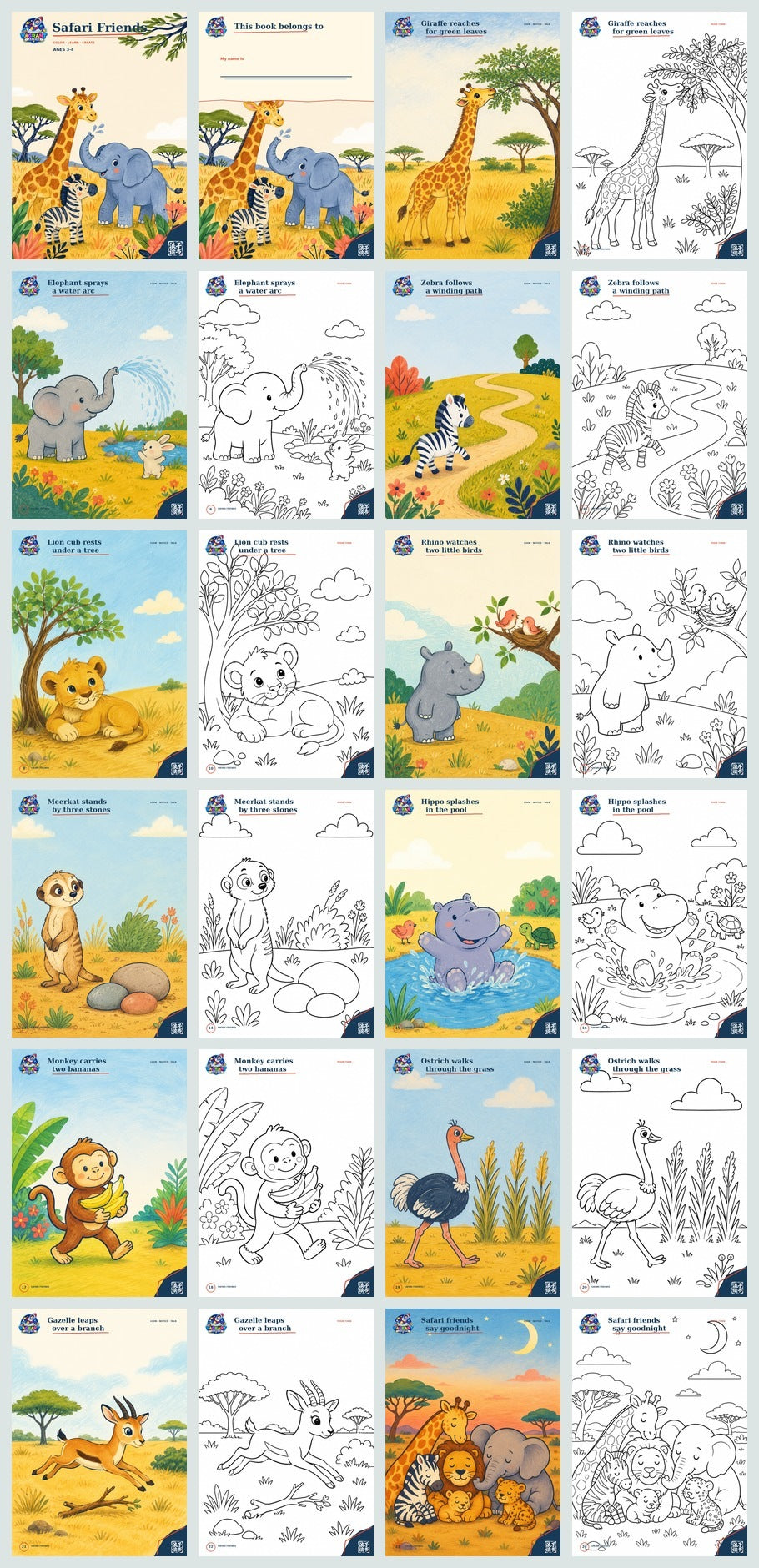 Safari Friends 24-page printable PDF overview