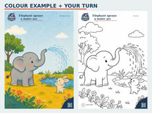 Safari Friends second colour example and matching colouring page preview