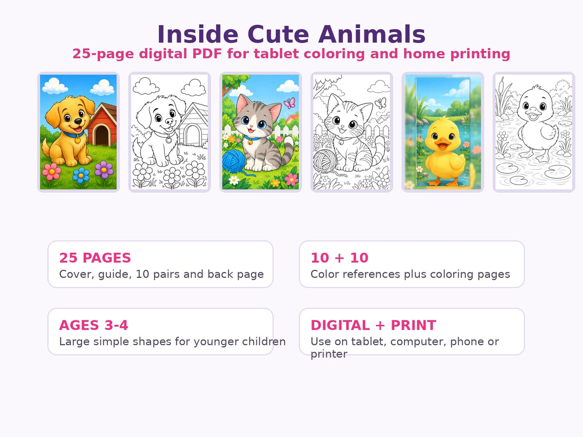Cute Animals Ages 3–4 digital coloring book inside pages and features preview