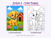 Cute Animals Ages 3–4 puppy color reference and matching coloring page preview