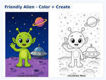 Space Adventures Ages 5–6 friendly alien color reference and coloring page preview