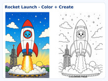 Space Adventures Ages 5–6 rocket color reference and coloring page preview