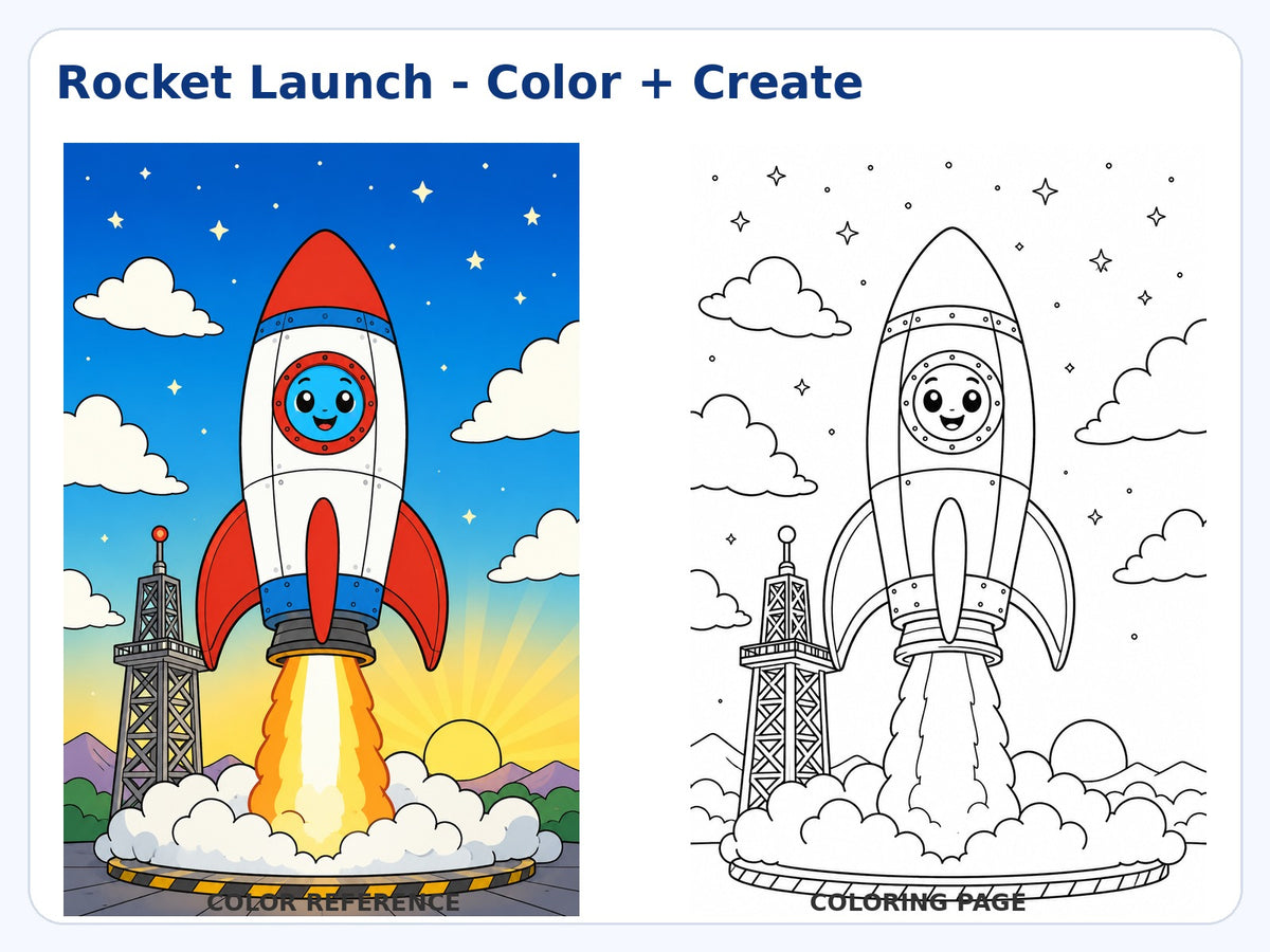 Space Adventures Ages 5–6 rocket color reference and coloring page preview