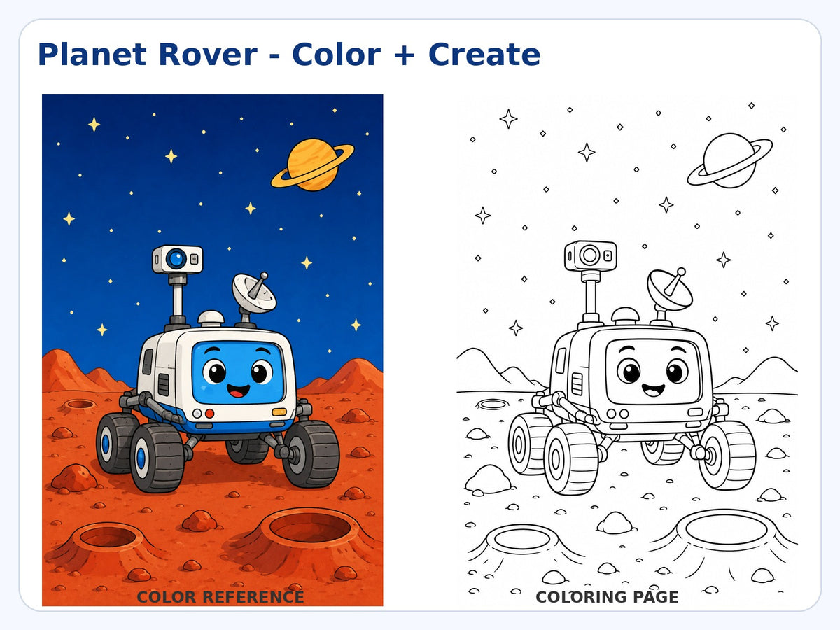 Space Adventures Ages 5–6 planet rover color reference and coloring page preview